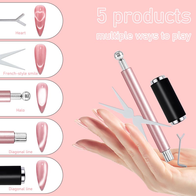 JERCLITY 4-Piece Cat Eye Magnet for Nails, Pink Dual-Head Cylinder Magnet, Magnetic Beads, Black Cylindrical Magnets, Scissor-Shaped and Y-Shaped Tools for Creating French and Heart Cat-Eye Effects - Image 3